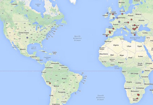 Schools (red) and scientists (blue) taking part in I'm a Geoscientist, June 2014 | Schools shown in red, scientists in blue